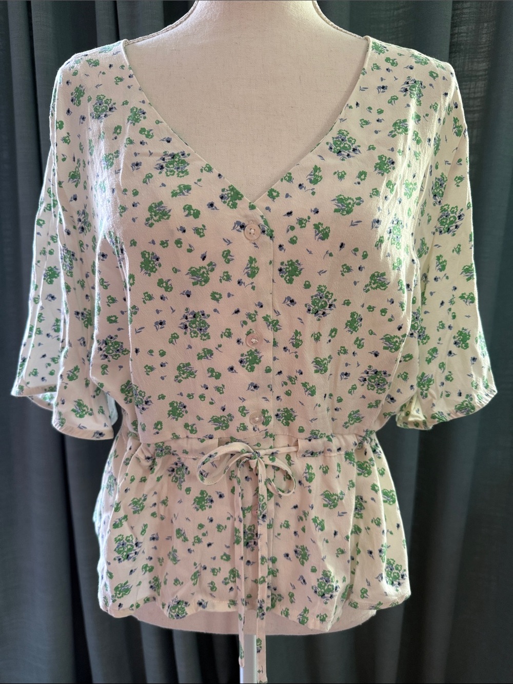 Frank & Oak Cream Button-Down Floral Peplum Top